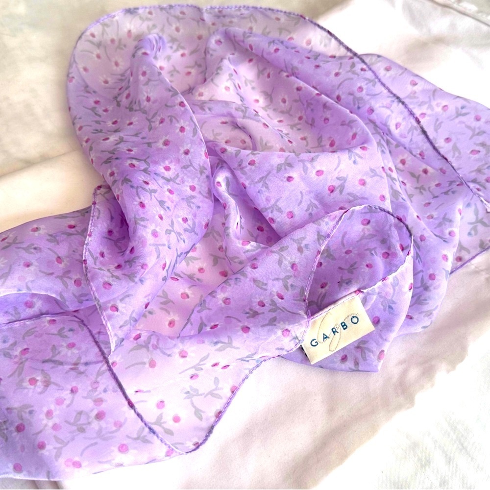 💜✨ Vintage Garbo Sheer Floral Scarf — Ethereal Elegance in Lavender Bloom ✨💜